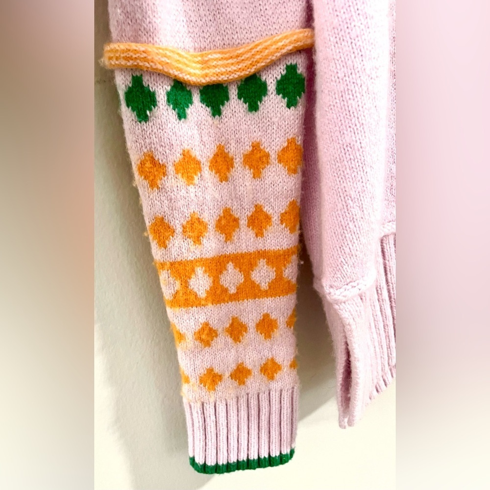 Zakét & Plover Pink Merino Wool Sweater XS Colorblock Orange Green Knit Top EUC - Picture 3 of 7